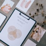 Overhead view of brand strategy documents with artistic visuals for business planning.